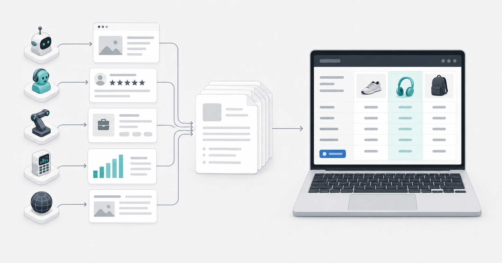 Schema des Systems: spezialisierte Agenten sammeln Quellen, bündeln sie zu Dossiers, daraus entsteht das Dashboard.